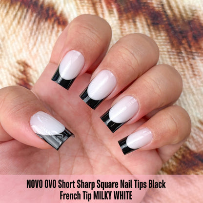 Short Sharp Square Nail Tips Black French Tip MILKY WHITE