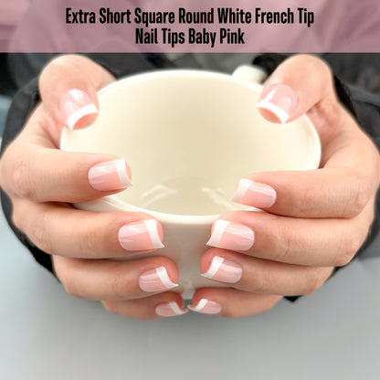 Extra Short Square Round White French Tip BABY PINK