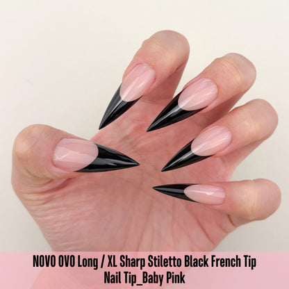 Long XL Sharp Stiletto Black French Tip Nail Tips Baby Pink