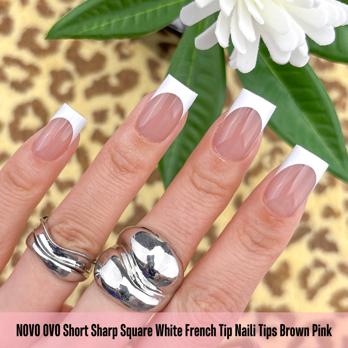 Short Sharp Square White French Tip Nail Tips Brown Pink 240