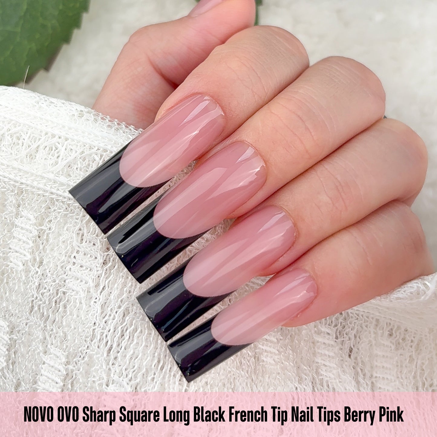 Long Sharp Square Black French Tip Nail Tips Berry Pink 180