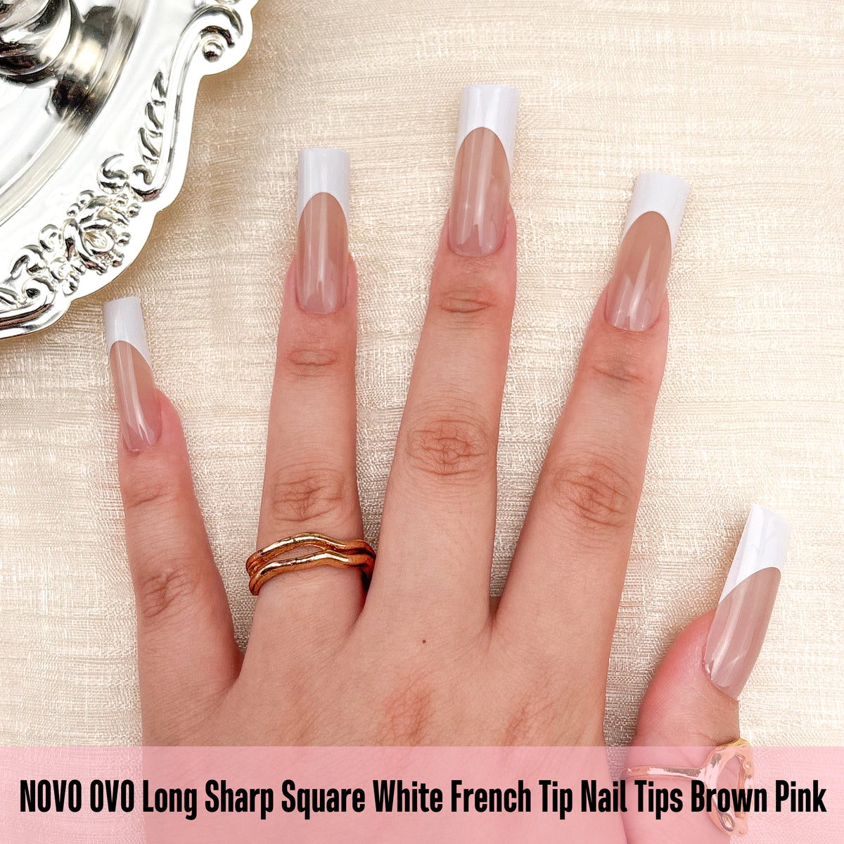 Long Sharp Square White French Tip Naili Tips Brown Pink 180