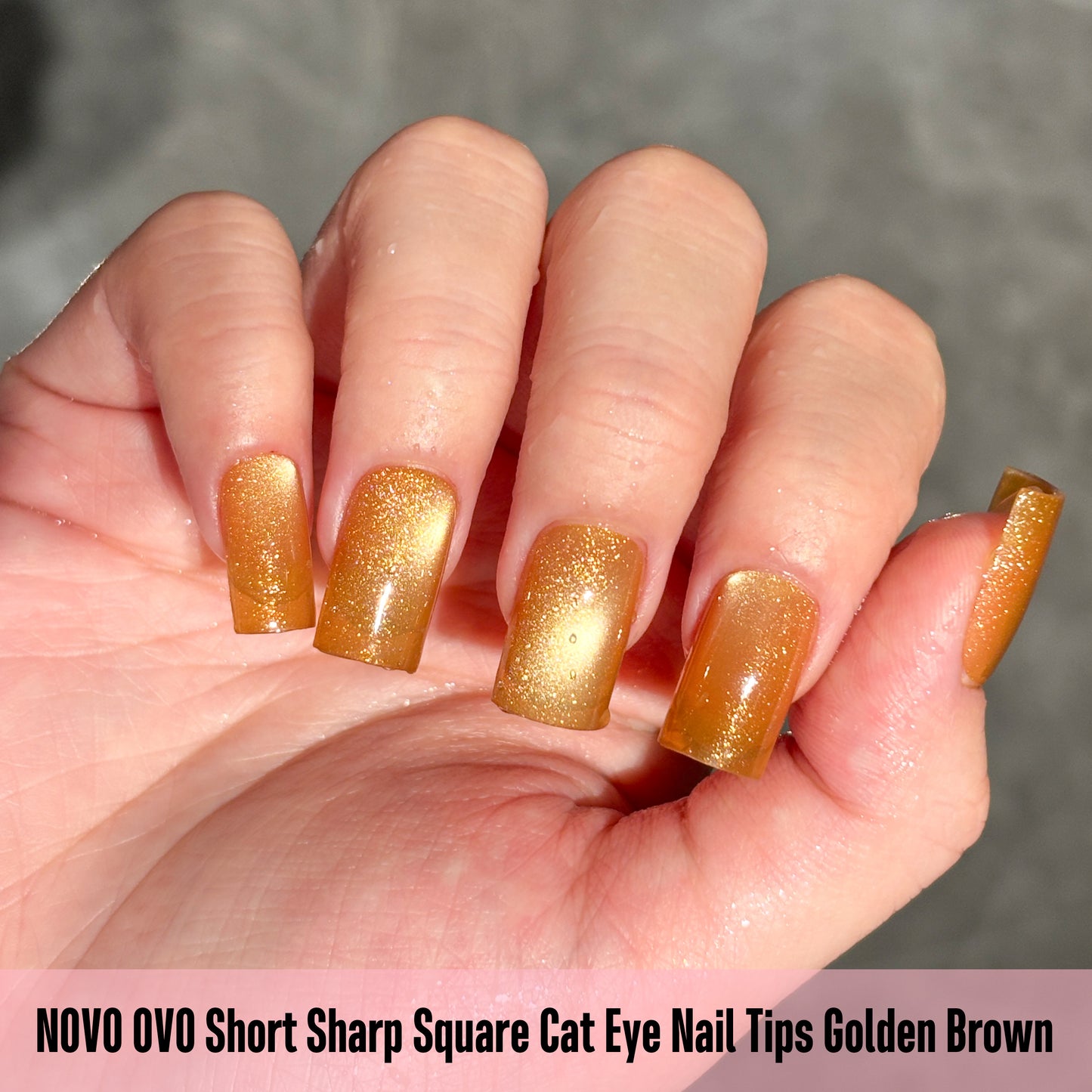 Short Sharp Square Cat Eye Nail Tips Golden Brown