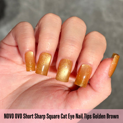 Short Sharp Square Cat Eye Nail Tips Golden Brown