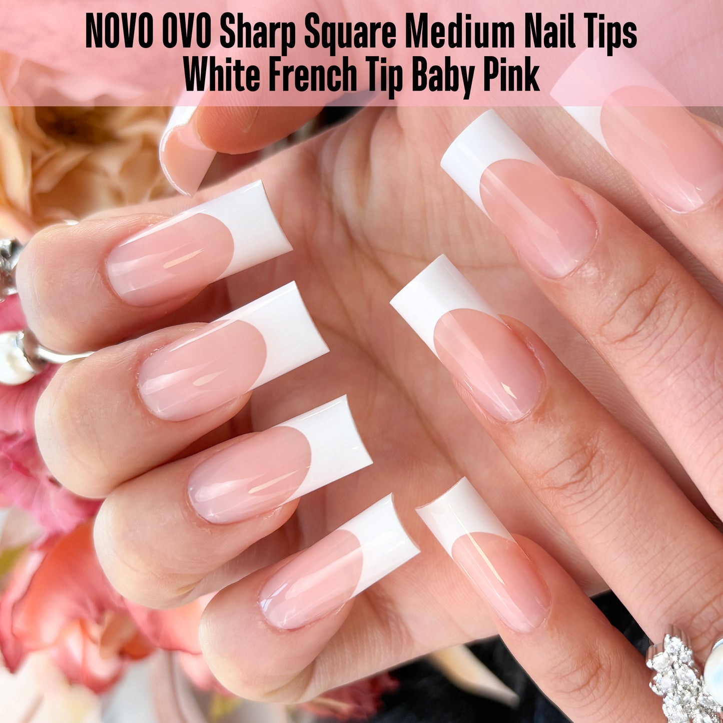 Medium Sharp Square White French Tip Nail Tips Baby Pink 180
