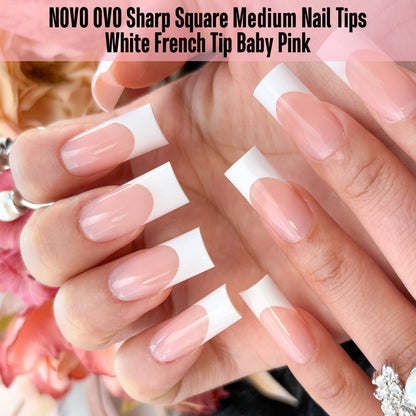 Medium Sharp Square White French Tip Nail Tips Baby Pink 180