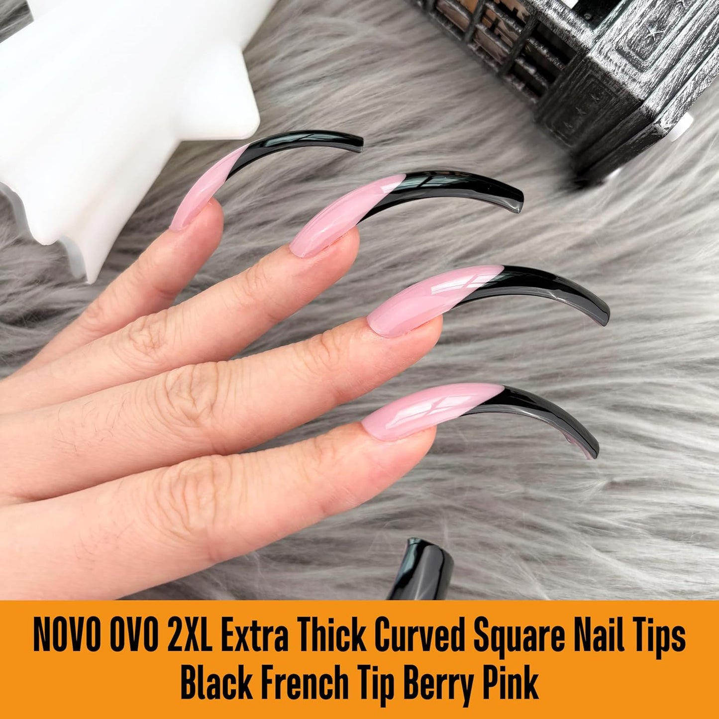 Halloween Curved Square XXL Black French Tip Nail Tips