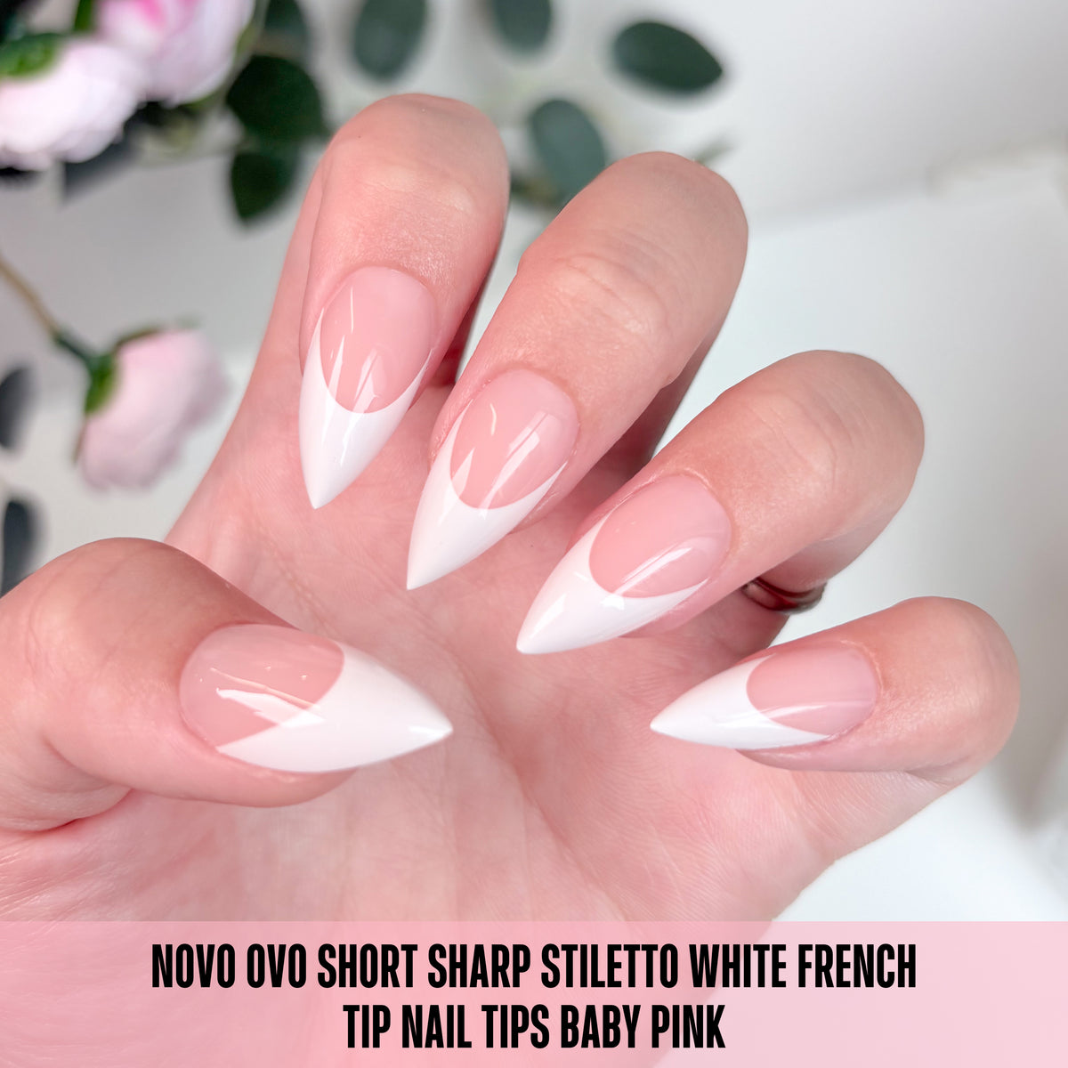 Short Sharp Stiletto White French Tip Nail Tips Baby Pink 160