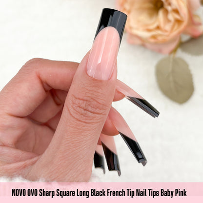 Long Sharp Square Black French Tip Nail Tips Baby Pink 180