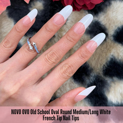 Medium Long Oval Round Old School White French Tip Baby Pink 240