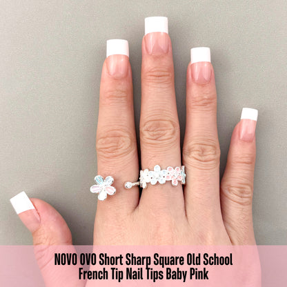 Short Sharp Square Nail Tips Wide White French Tip Baby Pink