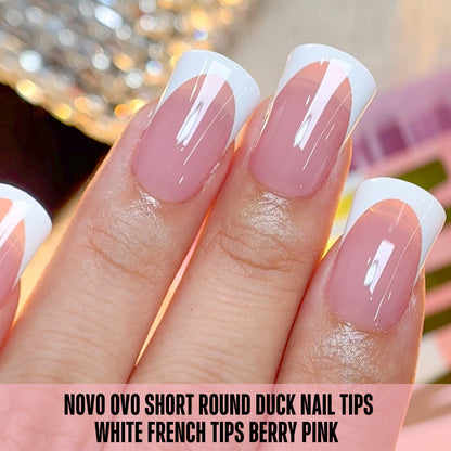 Short Round Duck Nail Tips White French Tips Berry Pink 240