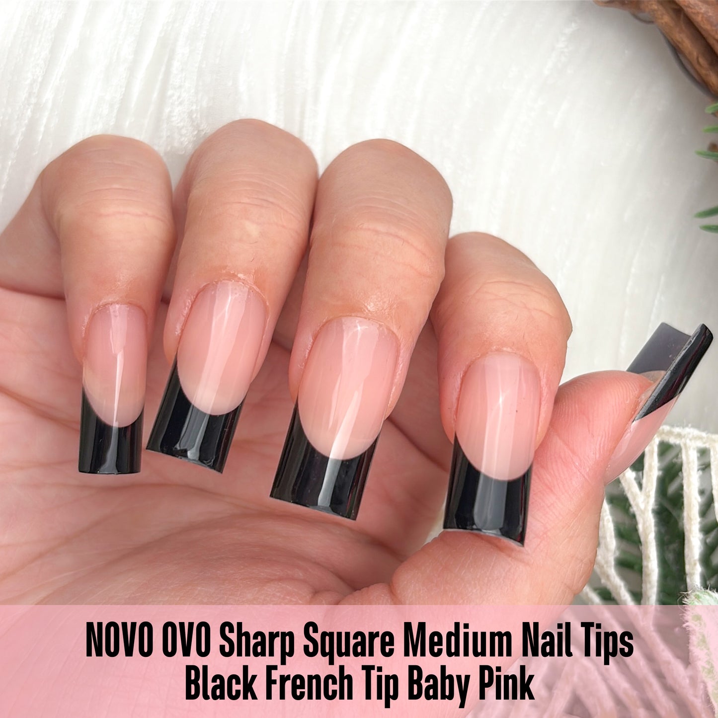 Meidum Sharp Square Black French Tip Nail Tips Baby Pink 180