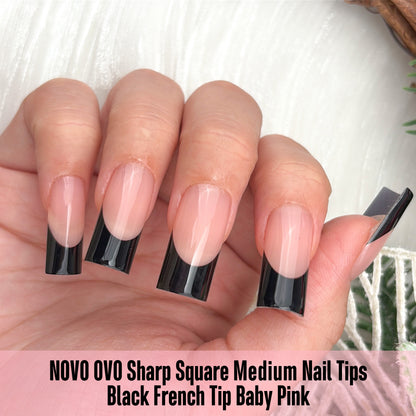 Meidum Sharp Square Black French Tip Nail Tips Baby Pink 180