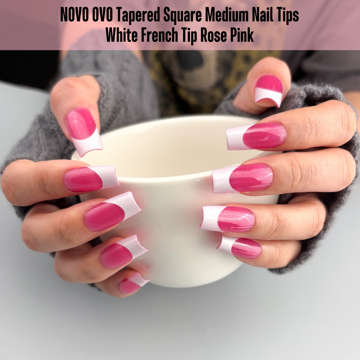 Medium Square White French Tip ROSE PINK