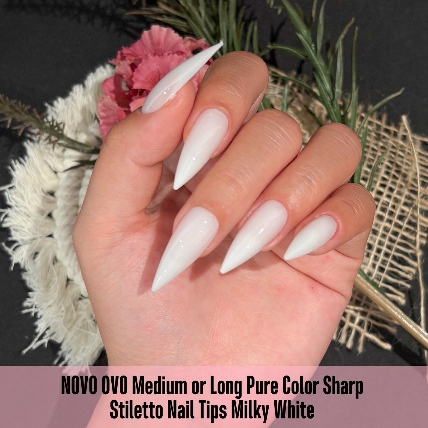 Medium or Long Pure Color Sharp Stiletto Nail Tips Milky White