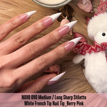Medium or Long White French Tip Sharp Stiletto Nail Tips Berry Pink