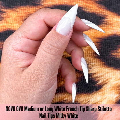 Medium or Long White French Tip Sharp Stiletto Nail Tips Milky White