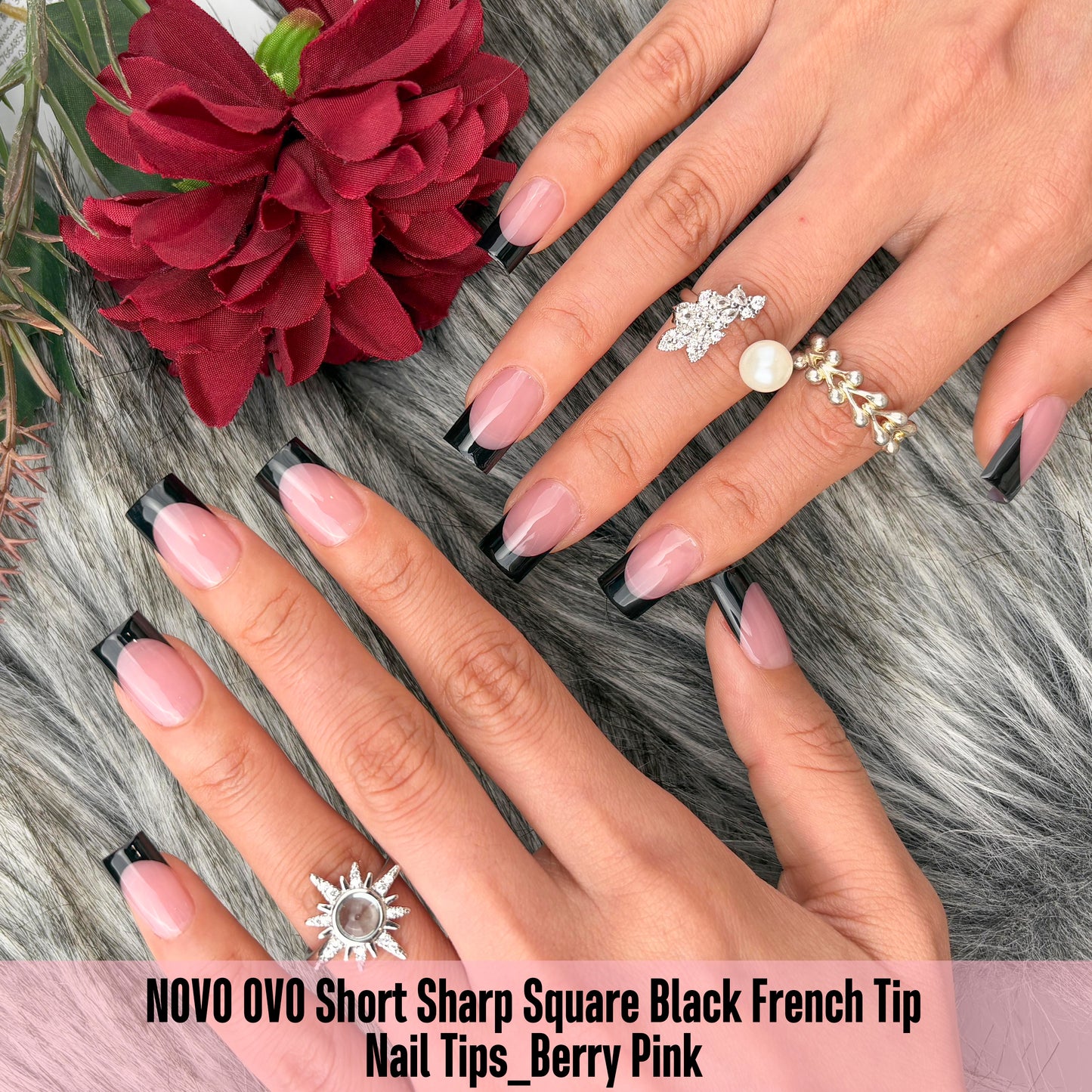 Short Sharp Square Nail Tips Black French Tip BERRY PINK