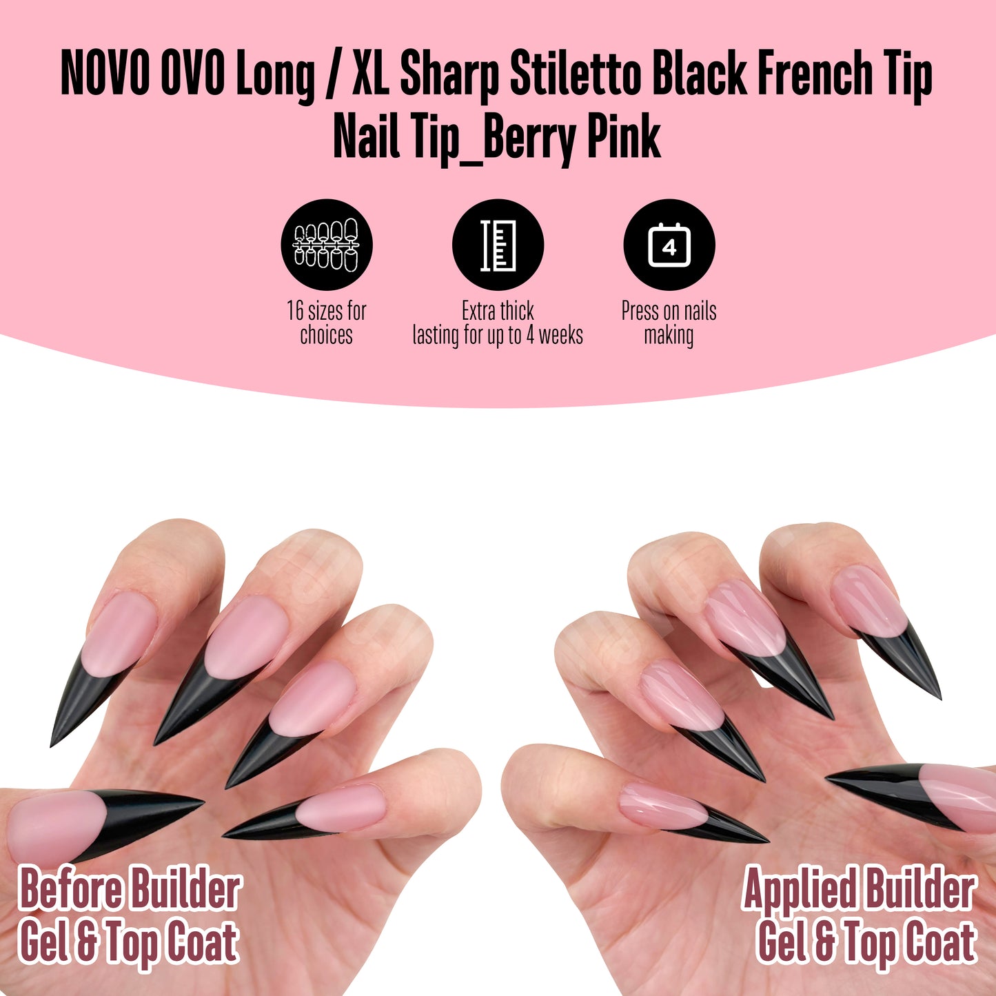 Long XL Sharp Stiletto Black French Tip Nail Tips Berry Pink