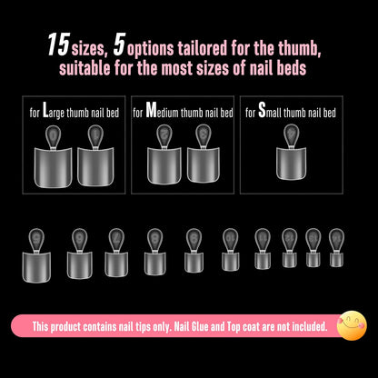 Sharp Square Toe Nail Tips with Moon Curve 15 Sizes 240 Pcs