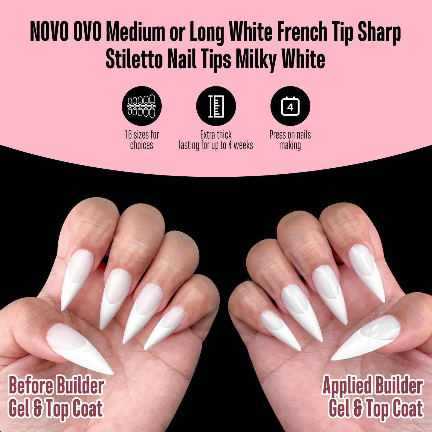 Medium or Long White French Tip Sharp Stiletto Nail Tips Milky White
