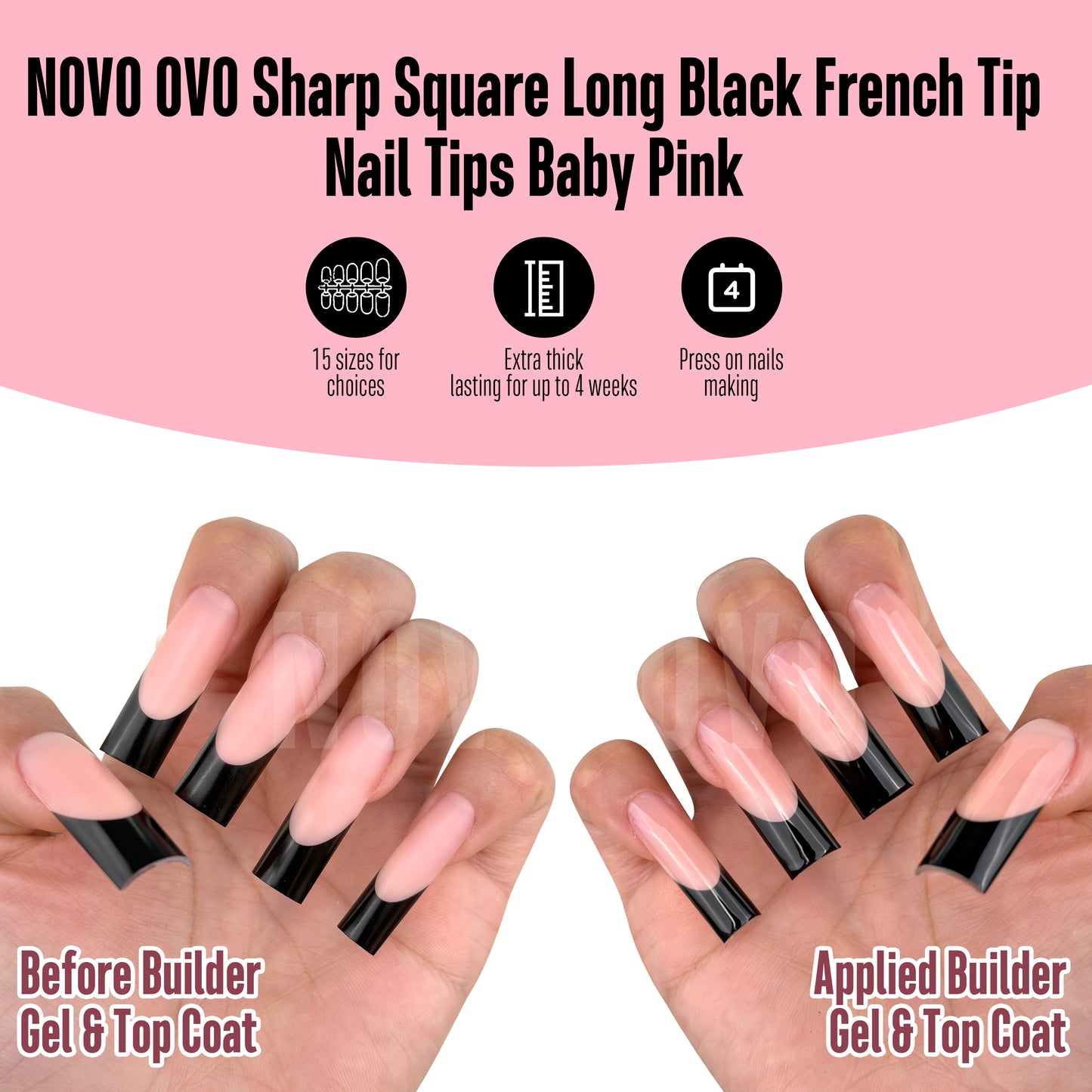 Long Sharp Square Black French Tip Nail Tips Baby Pink 180