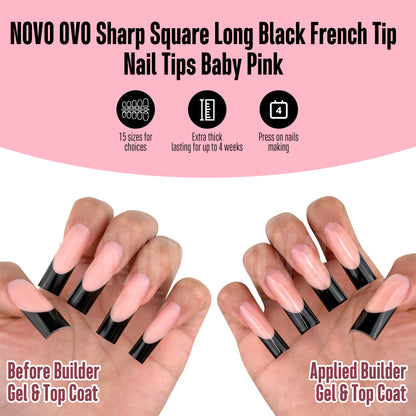 Long Sharp Square Black French Tip Nail Tips Baby Pink 180