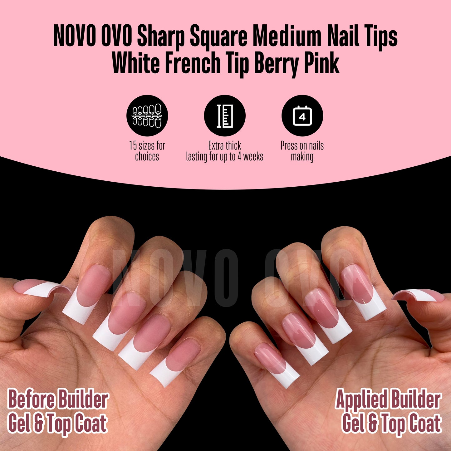 Medium Sharp Square White French Tip Nail Tips Berry Pink 180