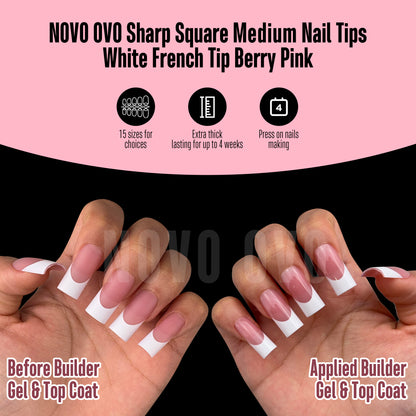 Medium Sharp Square White French Tip Nail Tips Berry Pink 180