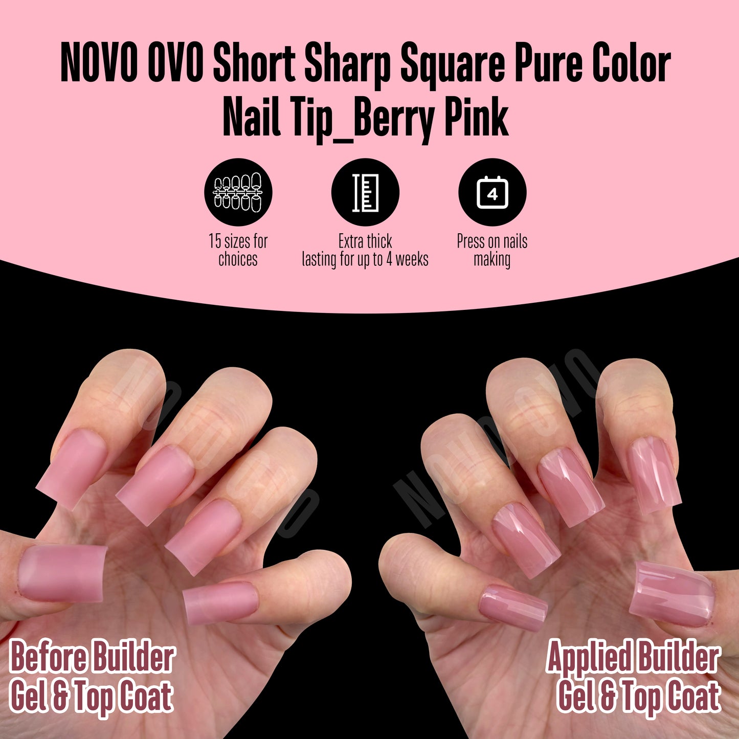 Short Sharp Square Nail Tips Pure Color Berry Pink