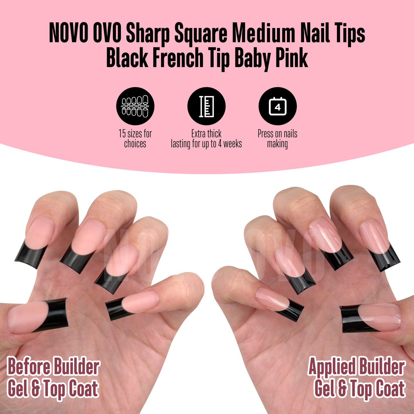 Meidum Sharp Square Black French Tip Nail Tips Baby Pink 180
