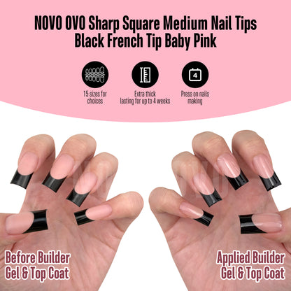 Meidum Sharp Square Black French Tip Nail Tips Baby Pink 180
