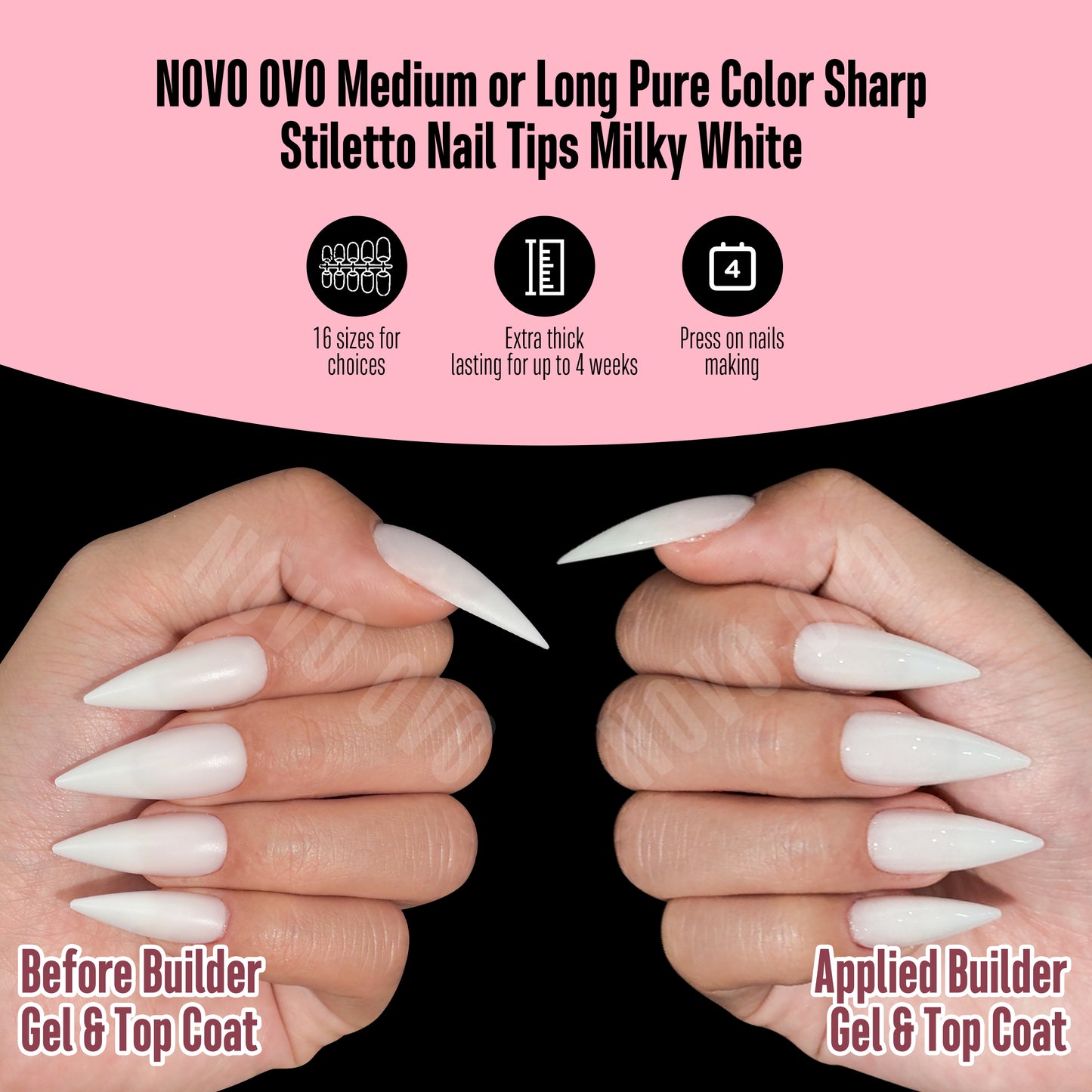 Medium or Long Pure Color Sharp Stiletto Nail Tips Milky White
