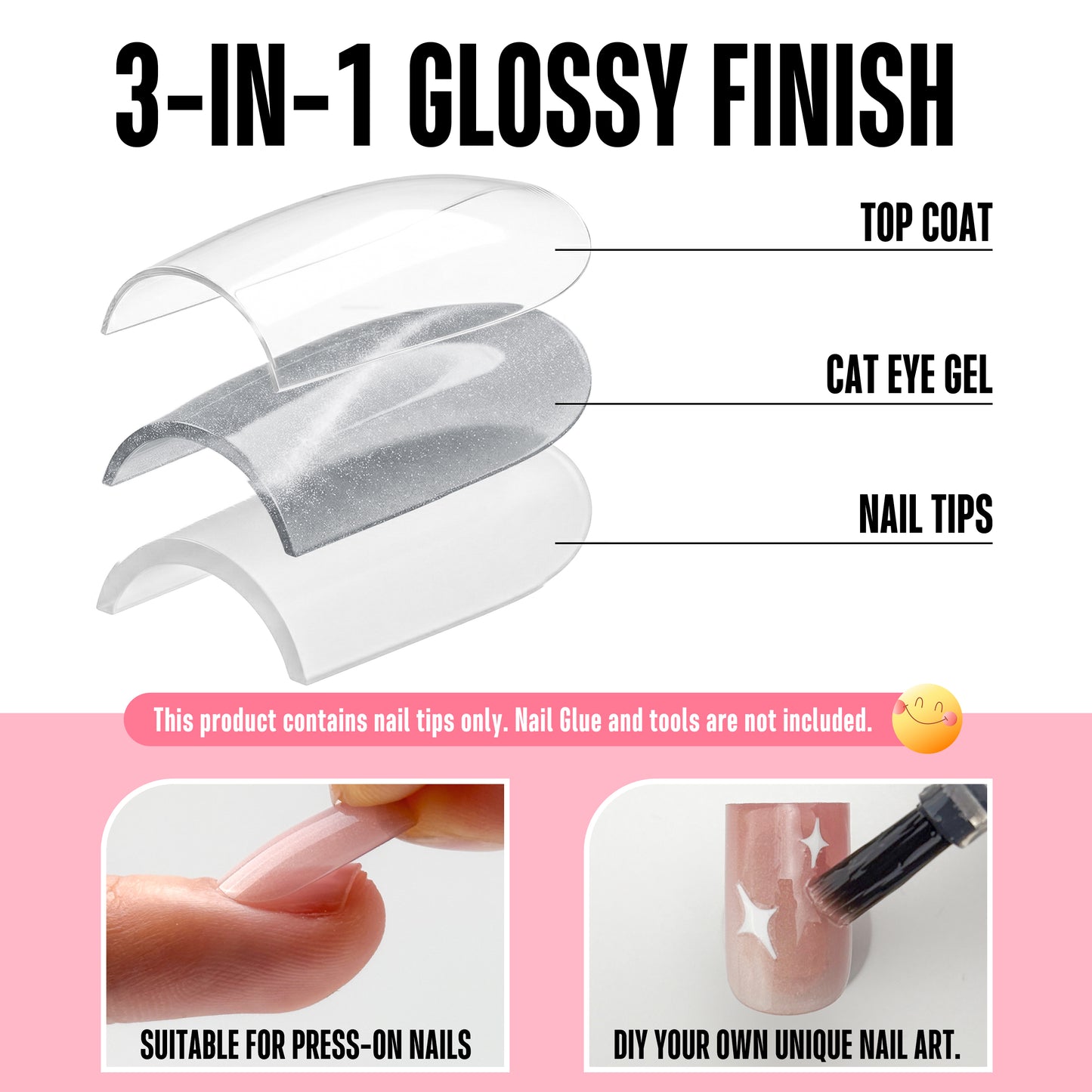 Short Sharp Square Cat Eye Nail Tips Semi-Clear Sliver (Agua)