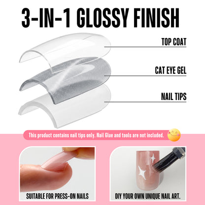 Short Sharp Square Cat Eye Nail Tips Semi-Clear Sliver (Agua)