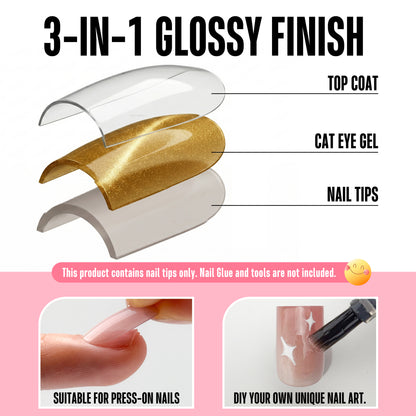 Short Sharp Square Cat Eye Nail Tips Golden Brown