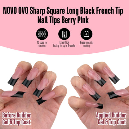 Long Sharp Square Black French Tip Nail Tips Berry Pink 180