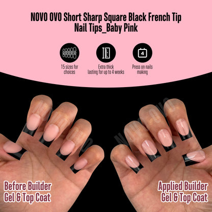 Short Sharp Square Nail Tips Black French Tip BABY PINK
