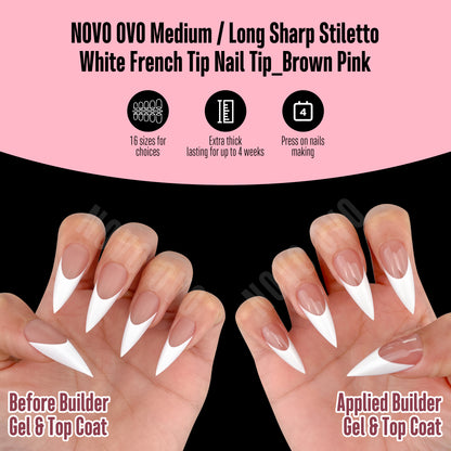 Medium or Long White French Tip Sharp Stiletto Nail Tips Brown Pink