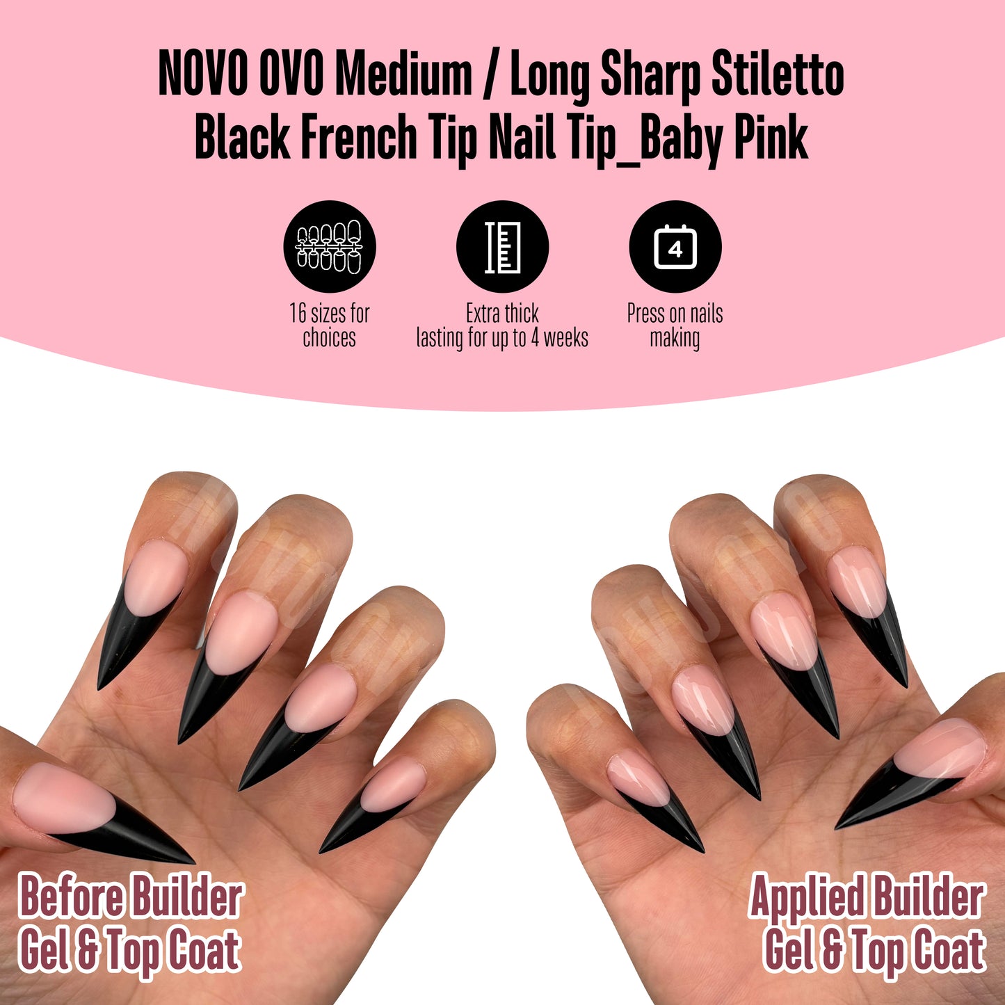 Medium or Long Black French Tip Sharp Stiletto Nail Tips Baby Pink