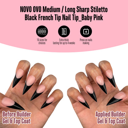 Medium or Long Black French Tip Sharp Stiletto Nail Tips Baby Pink