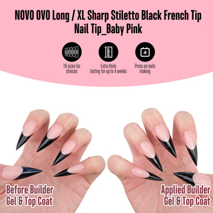 Long XL Sharp Stiletto Black French Tip Nail Tips Baby Pink