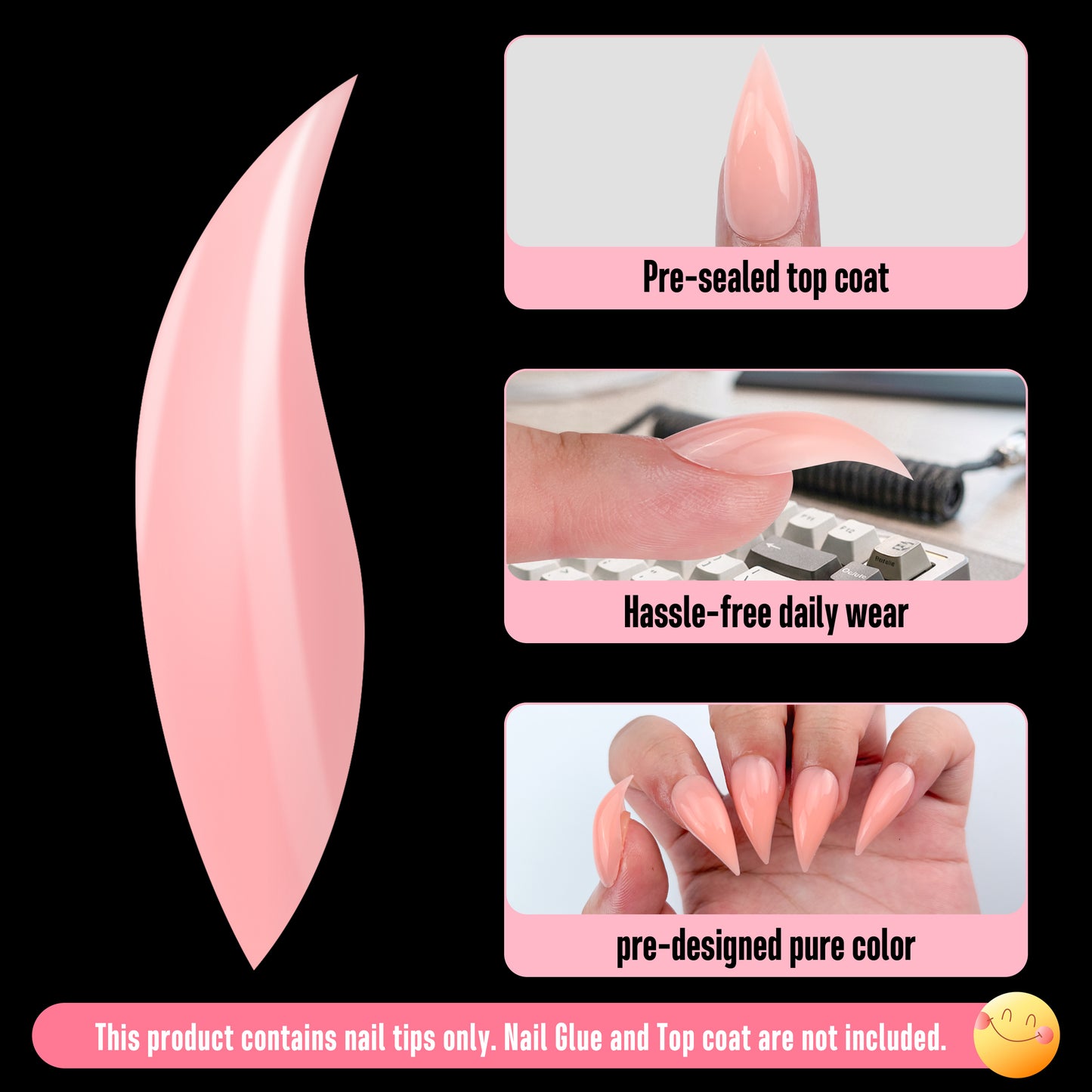Cat Claw Short Curved Stlettio 3D Nail Tips Baby Pink 128