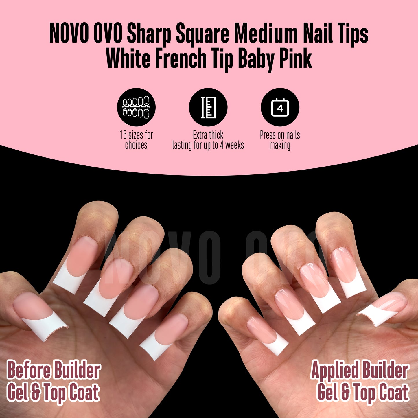 Medium Sharp Square White French Tip Nail Tips Baby Pink 180