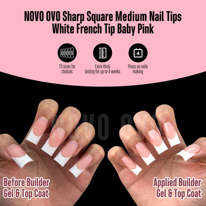 Medium Sharp Square White French Tip Nail Tips Baby Pink 180