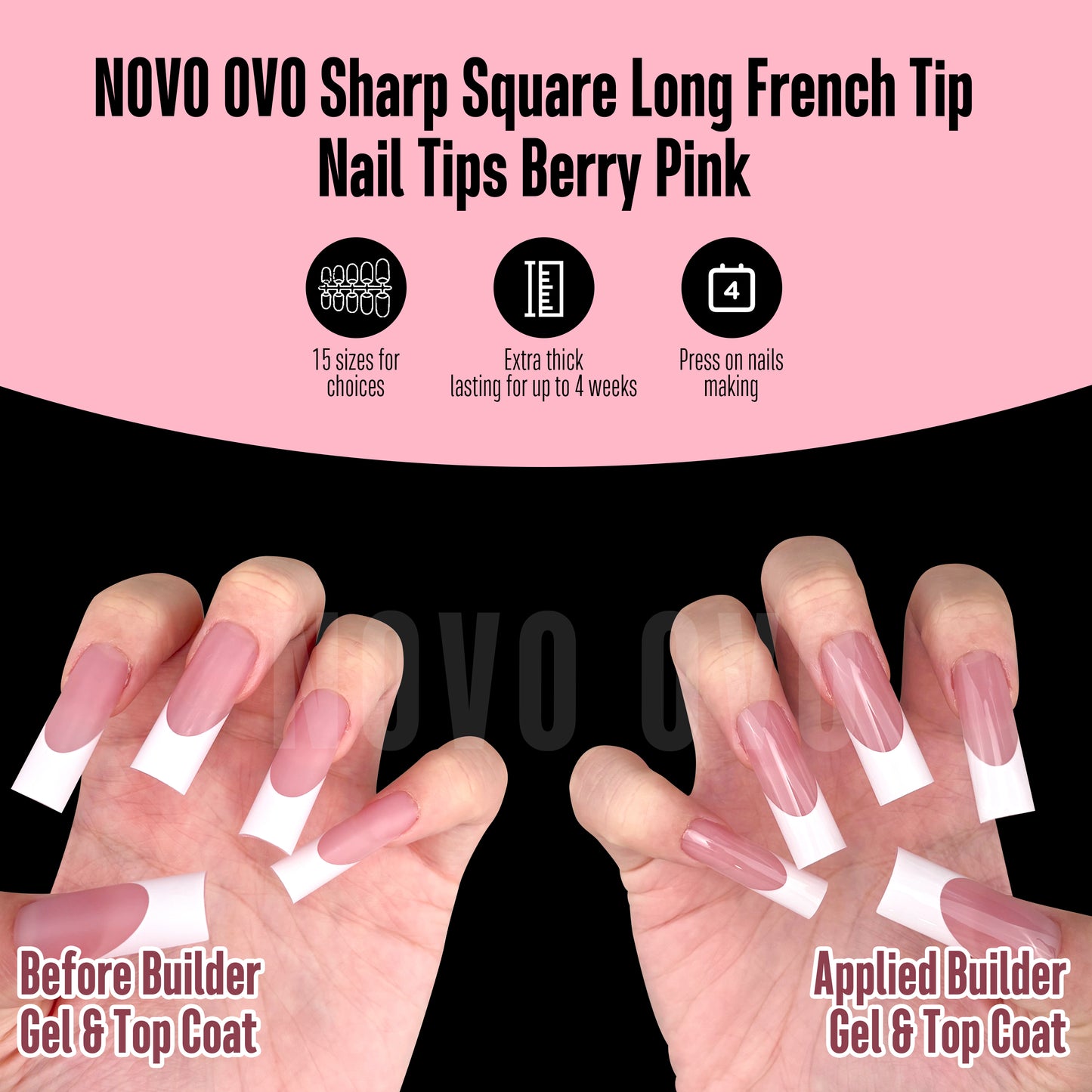 Long Sharp Square White French Tip Nail Tips Berry Pink 180