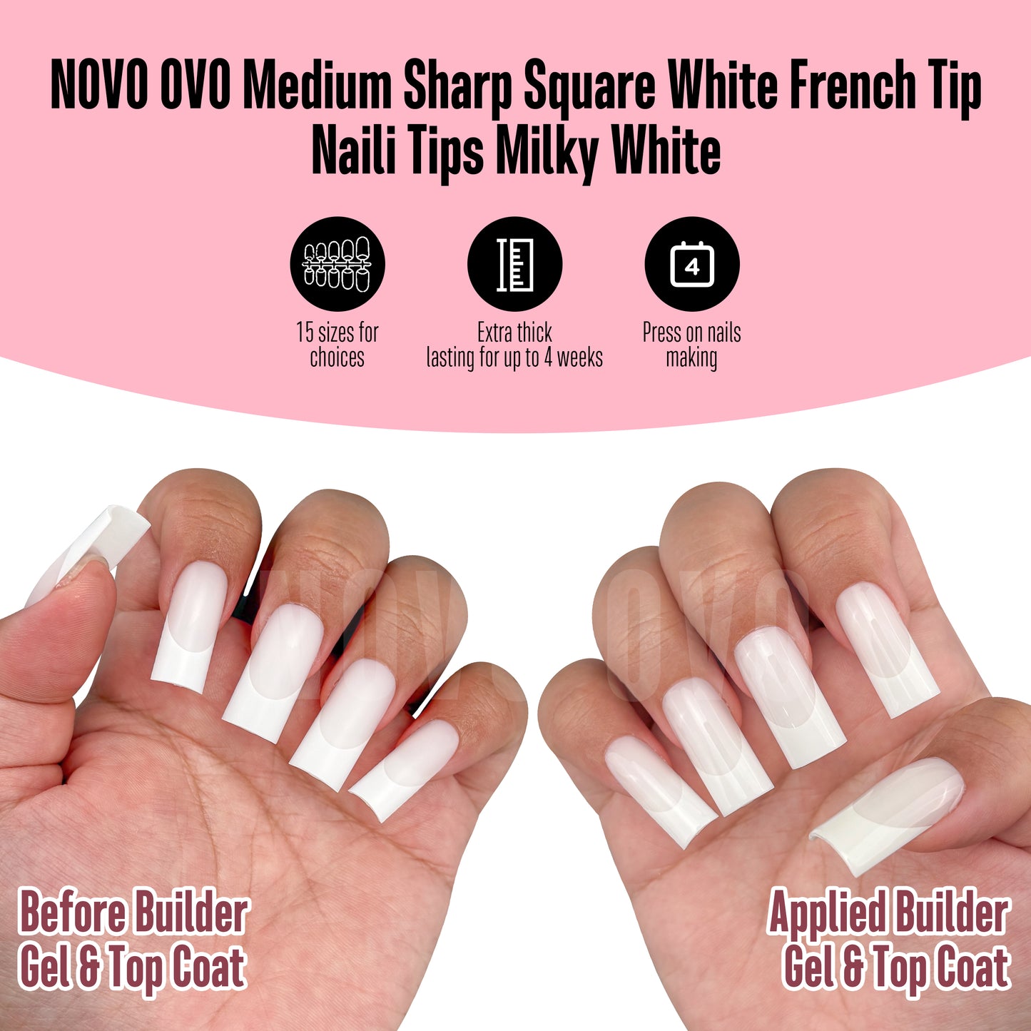 Meidum Sharp Square White French Tip Nail Tips Milky White 180