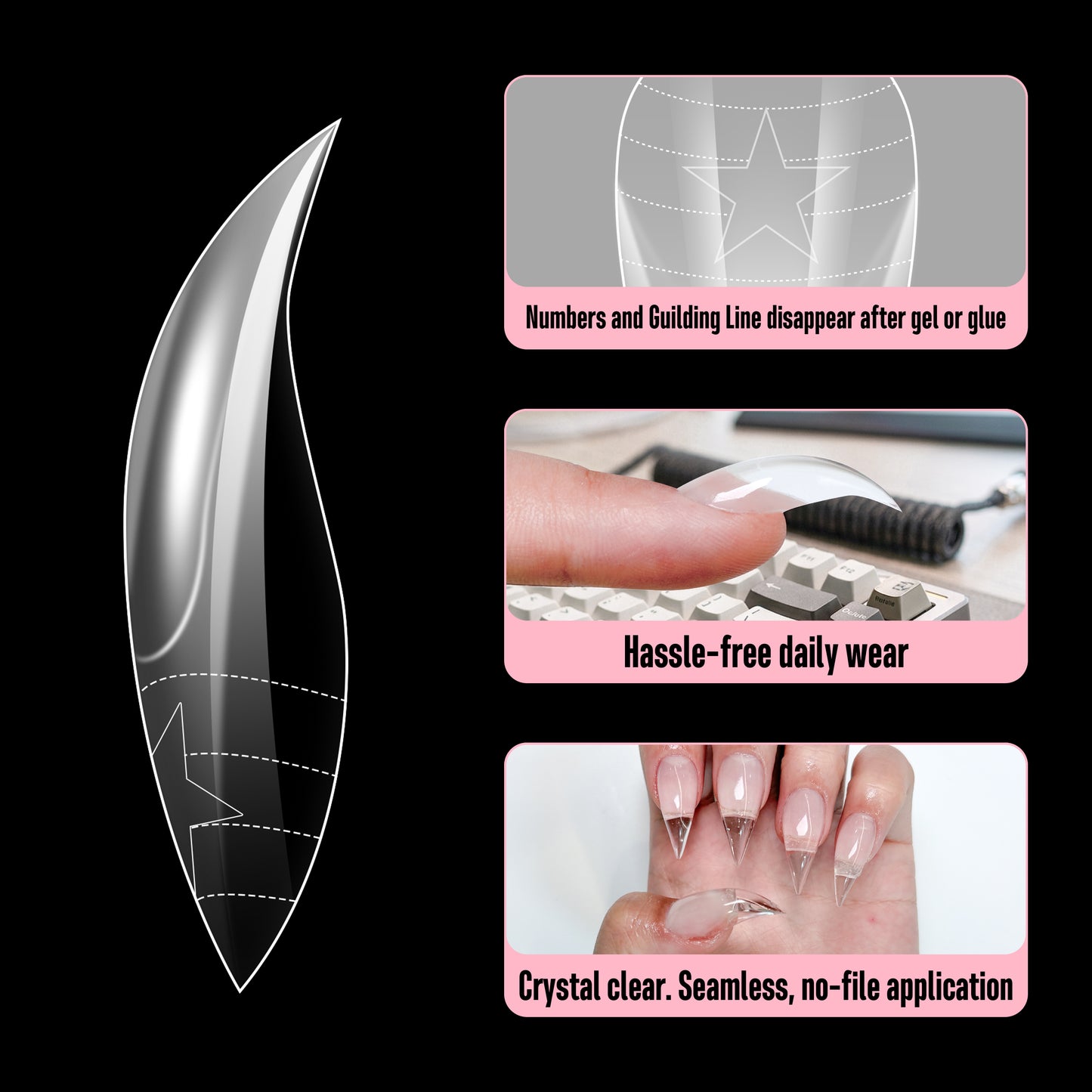 Cat Claw Short Curved Stlettio 3D Nail Tips Clear 192