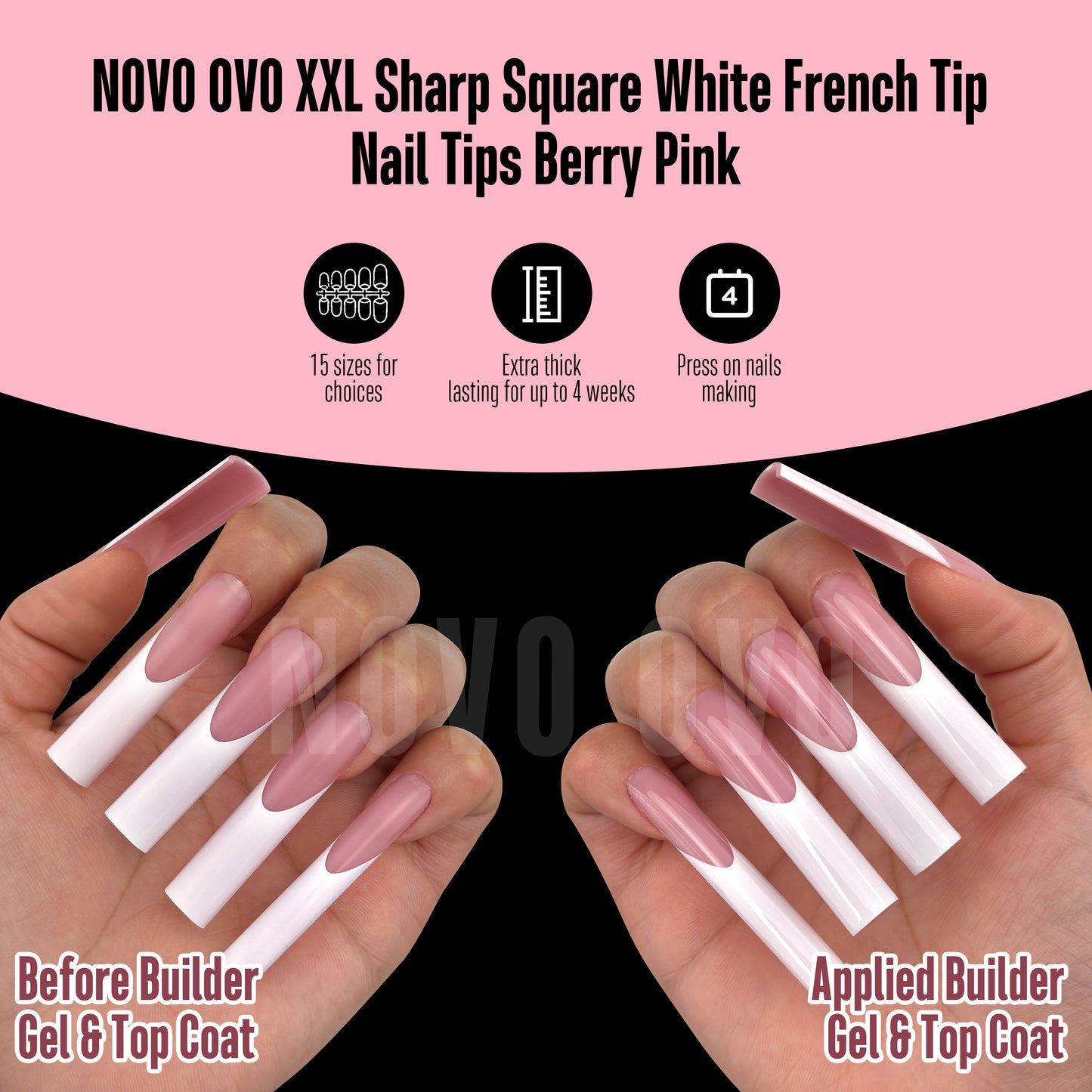 XXL Sharp Square White French Tip Nail Tips Berry Pink 150